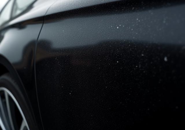A black sedan's paint job covered in swirl marks and minor scratches.