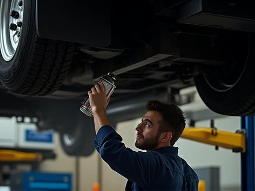 Technician applying rust proofing to the undercarriage of a truck on a lift.